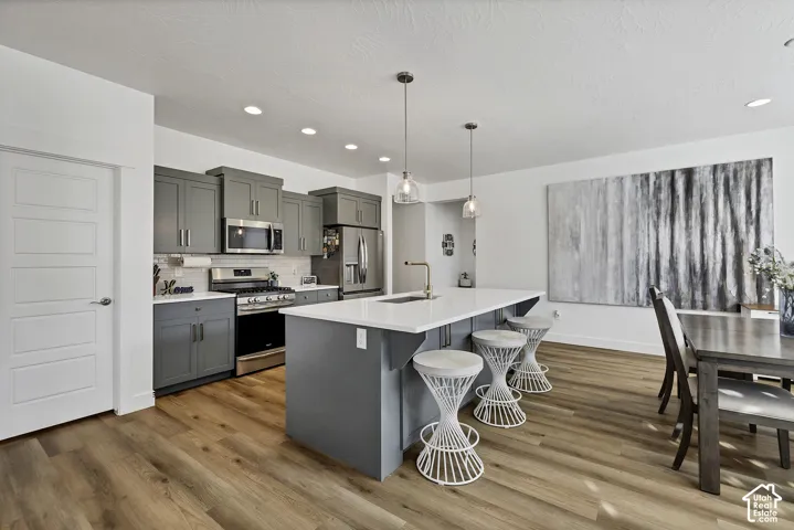 Kitchen featuring gray cabinetry, stainless steel appliances, a white countertop island, pendant lighting, and wood-finish flooring