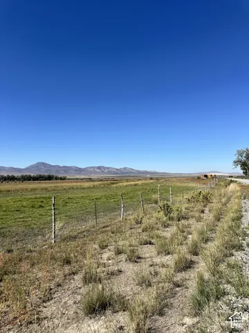 Expansive open fields with distant mountain backdrop, featuring a clear sky and natural fencing