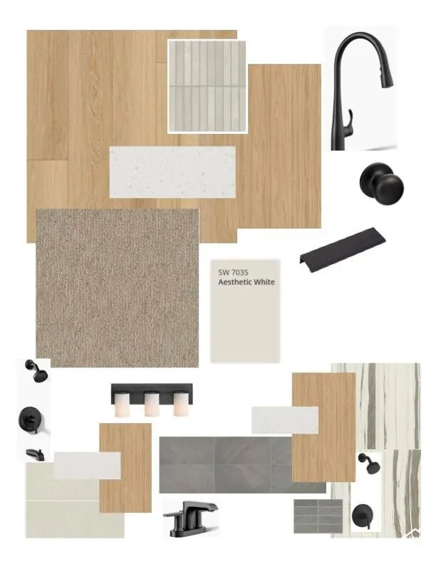 Material and Fixture Selection Board. Displaying a collection of finishes and hardware components for the property