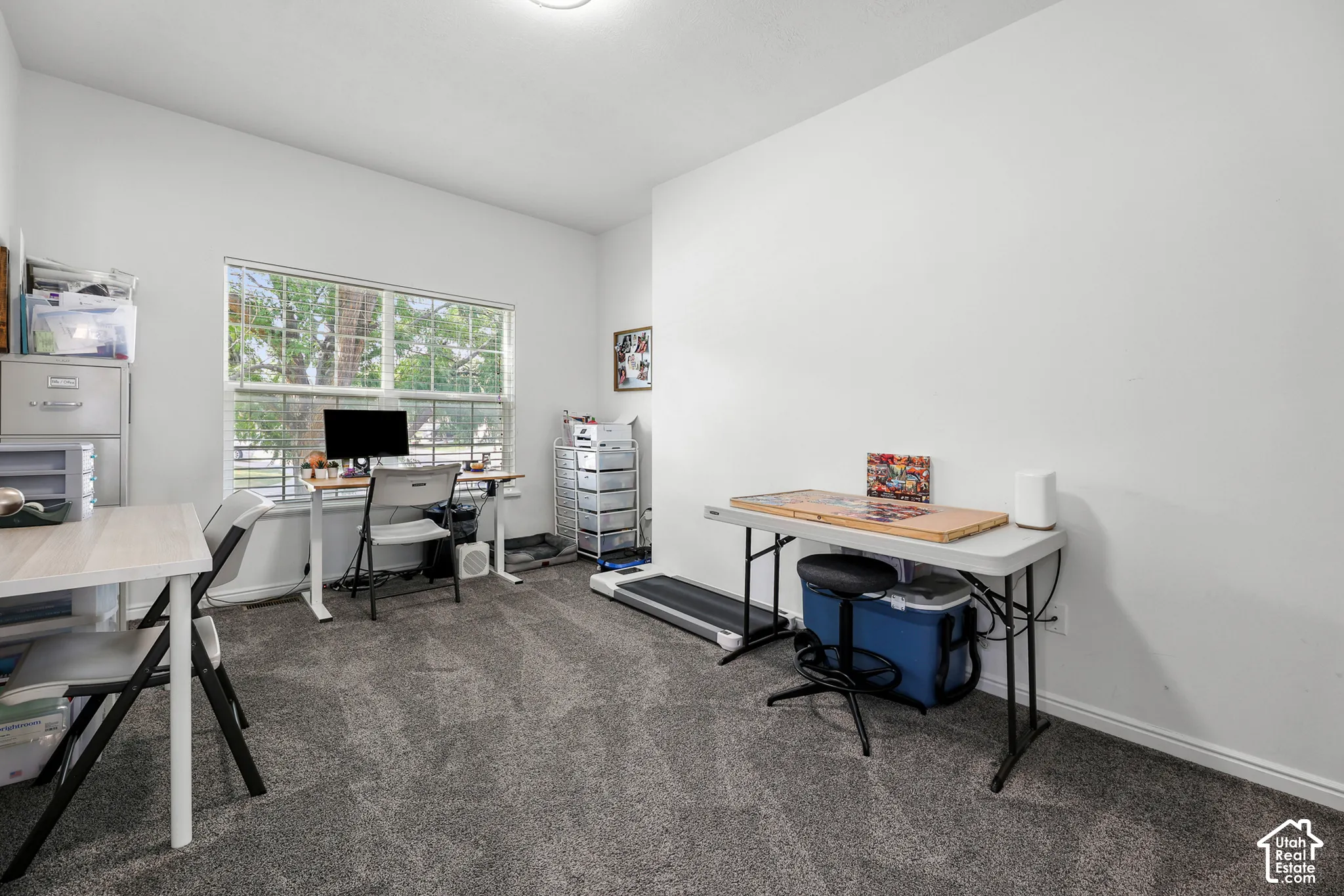 Natural light from a large window, neutral painted walls, and textured carpeting