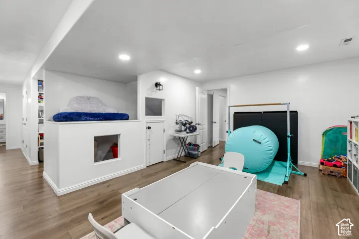 Versatile recreation room featuring wood-finish flooring, recessed lighting, built-in white cabinetry with storage, and a lofted sleeping platform with blue cushioning