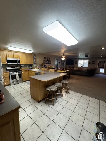 Kitchen featuring wood cabinetry, stainless steel appliances, a center island with bar seating, and tile flooring
