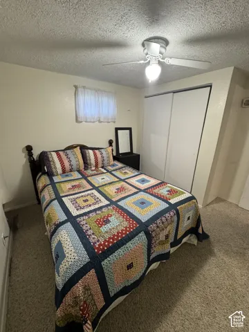 Light-colored carpeting with a built-in ceiling fan and overhead light