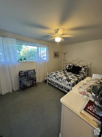 Window with exterior scenery, overhead ceiling fan with light, and wall-to-wall carpeting