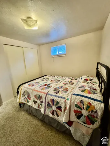 Wall-to-wall carpeting with a ceiling-mounted light fixture, and a window with blinds