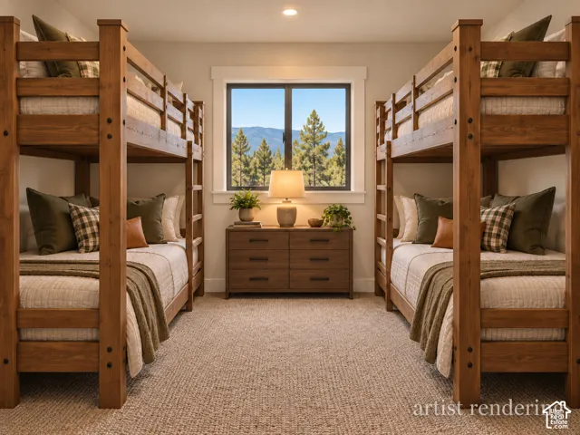 Double bunk beds with wood frames, large window, mountain and tree scenery, built-in dresser, and carpet flooring