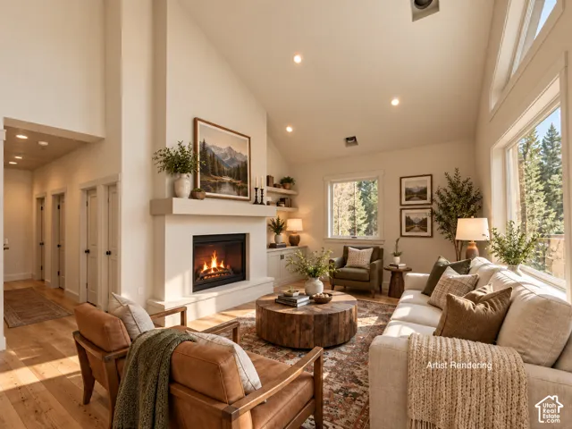 Vaulted ceiling with recessed lighting, large windows, wood-finish flooring, built-in fireplace, and built-in shelving
