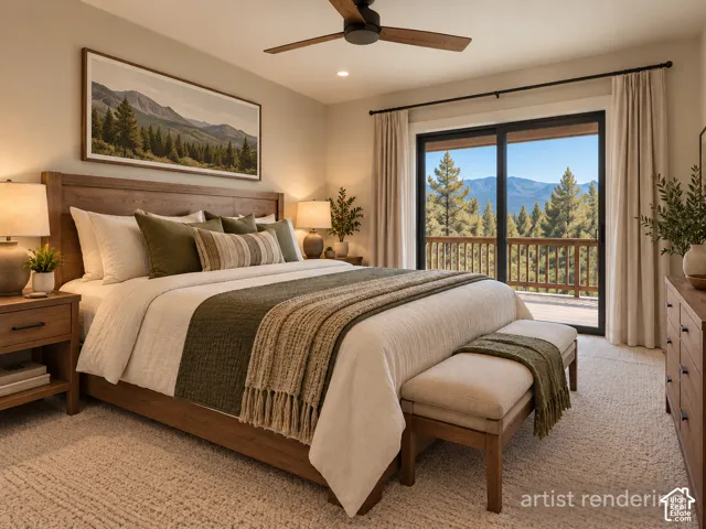 Sliding glass door to an outdoor deck, wood-finish ceiling fan, recessed lighting, and wall-to-wall carpeting