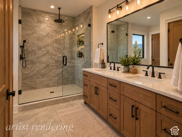 Spacious bathroom featuring a double vanity with ample storage, a large mirror, a walk-in shower with a rainfall showerhead, and a tiled shower niche