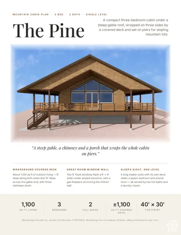 Real Estate Brochure, Property Description. Detailing the cabin specifications, including living area, number of bedrooms and bathrooms, and footprint