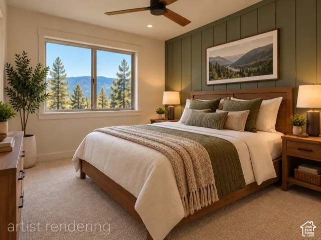 White-trimmed window, paneled accent wall, recessed lighting, ceiling fan, and carpeted flooring