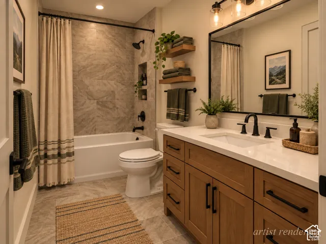 Wood-finish vanity with white countertop, undermount sink, and matte black fixtures