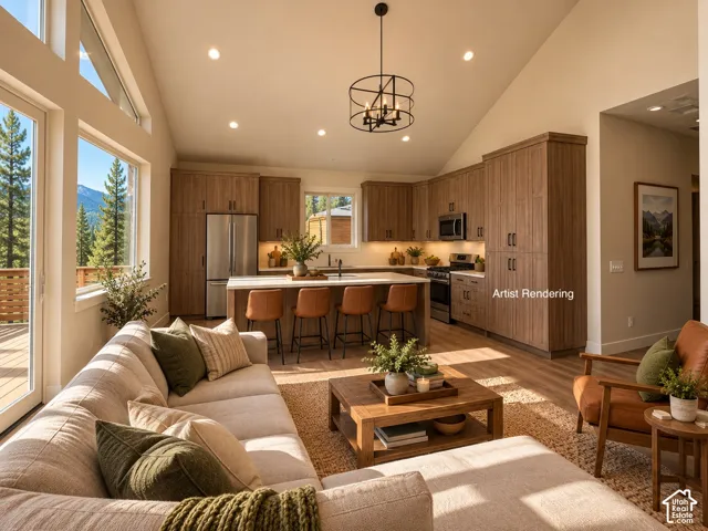 Vaulted ceilings, wood-finish flooring, and built-in wood-finish cabinetry