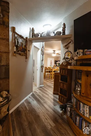 Wood-finish flooring extending through the hallway