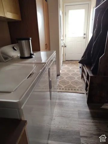Wood-finish flooring, built-in cabinetry, and a full-light entry door