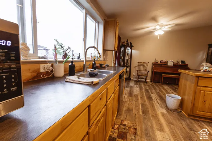 Natural wood-finish flooring, light-toned cabinetry, and a ceiling fan fixture. Brand new formica counter tops.