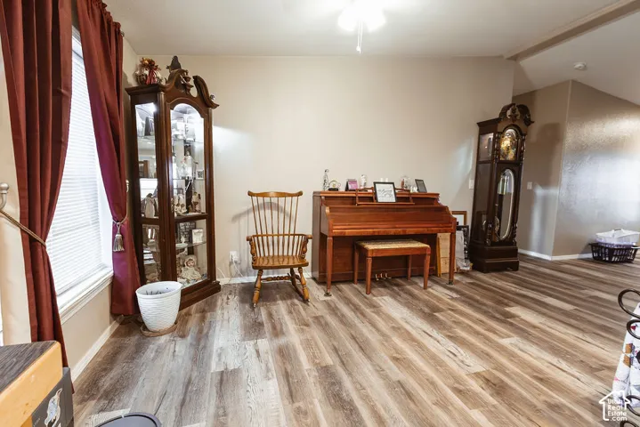 Wood-finish flooring, neutral wall tones, vaulted ceilings, and a ceiling-mounted light fixture