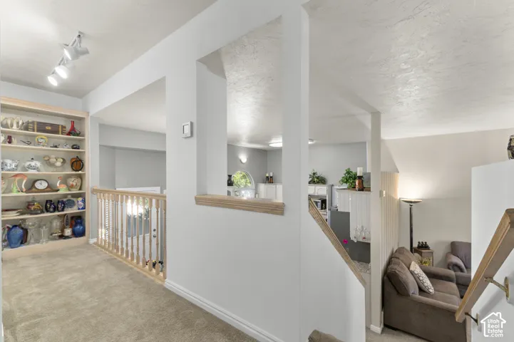 Built-in shelving unit, track lighting, light wood-finish railings, and a carpeted hallway