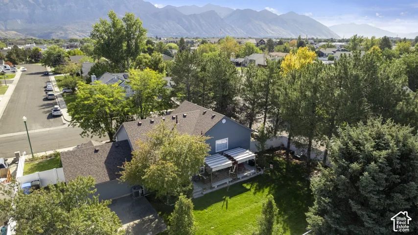 Expansive backyard featuring a manicured lawn, mature trees, and a covered deck