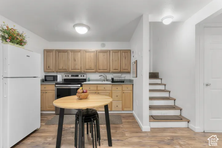 Basement apartment kitchen featuring wood-finish flooring, natural wood cabinetry, and stainless steel appliances