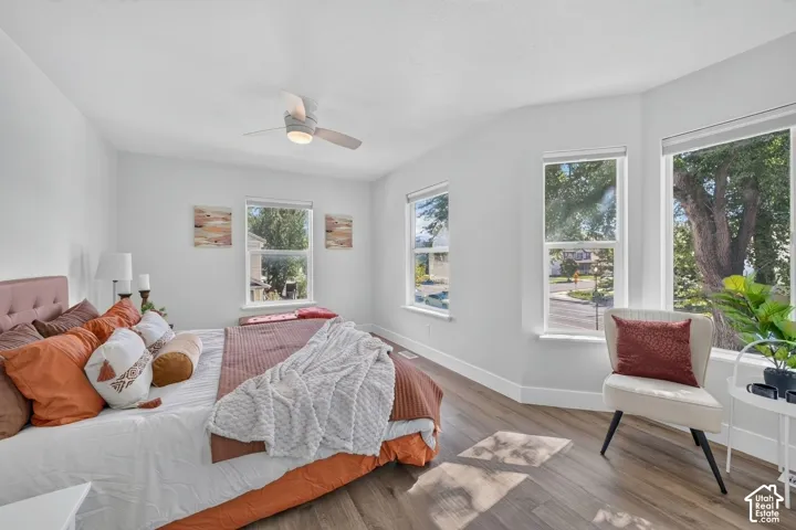Hardwood-style flooring, white walls, multiple windows, and a ceiling fan with integrated lighting