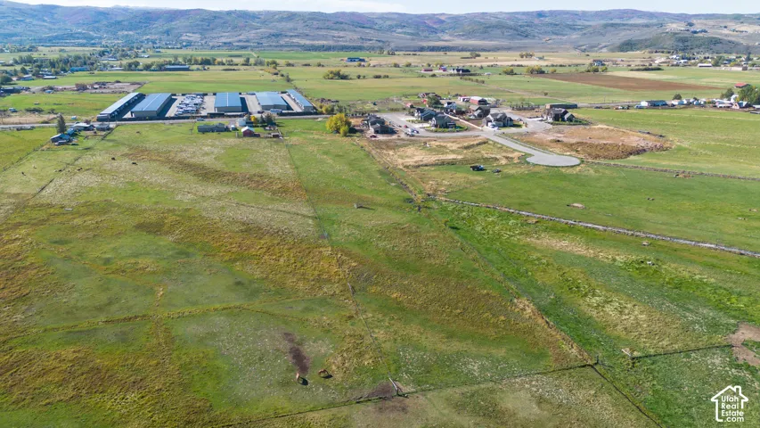 Expansive green fields with distant residential structures and mountain backdrops