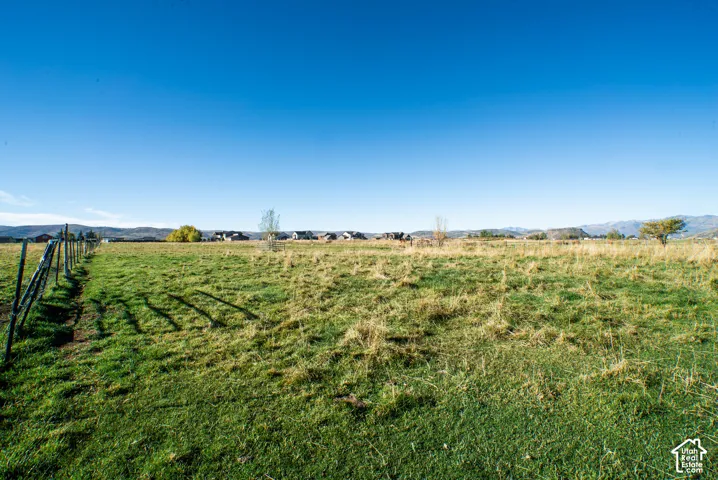 Expansive grassy field with a clear blue sky, distant residential structures, and a partial fence line