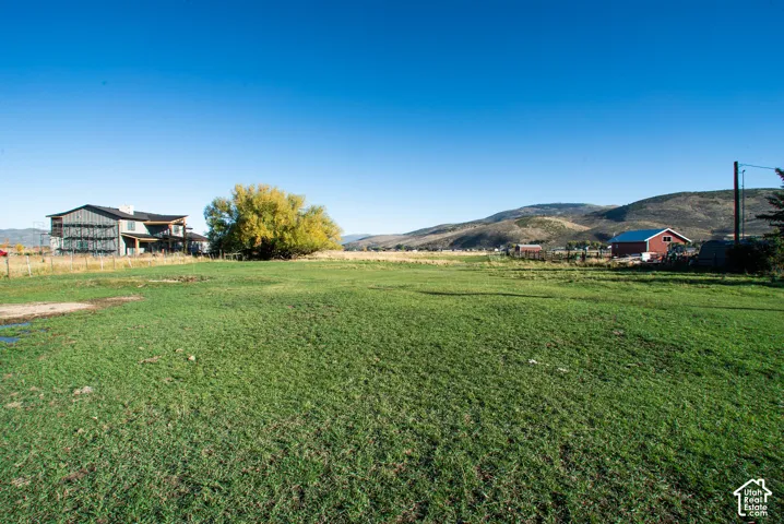Expansive green space with distant mountain terrain