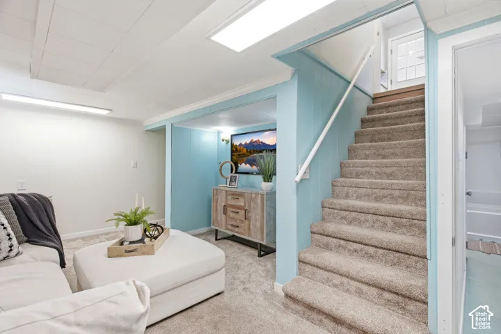 Carpeted stairs with a white handrail, recessed wall alcove, and a paneled ceiling with flush-mount lighting