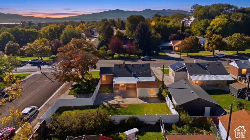 Expansive property featuring a paved driveway, a large fenced backyard, and established trees