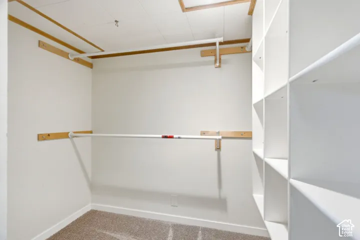 Walk-in closet Built-in shelving, hanging rods, and carpeting