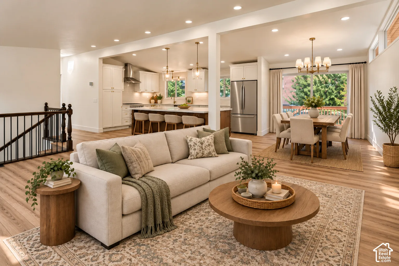 Open concept living area featuring wood-finish flooring, recessed lighting, and a modern kitchen with stainless steel appliances
