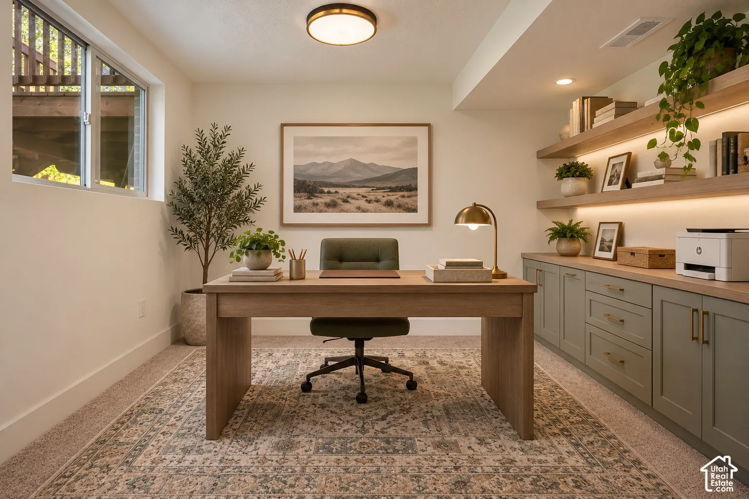 Built-in shelving with integrated lighting, wood-finish countertops, and cabinetry with brass hardware