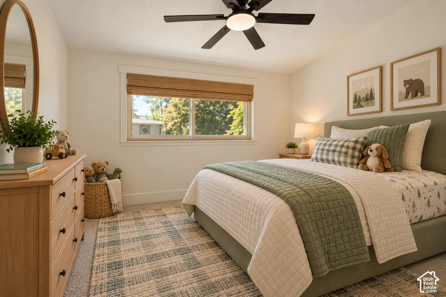 White walls with contrasting trim, a window with natural light, and a ceiling fan with integrated lighting