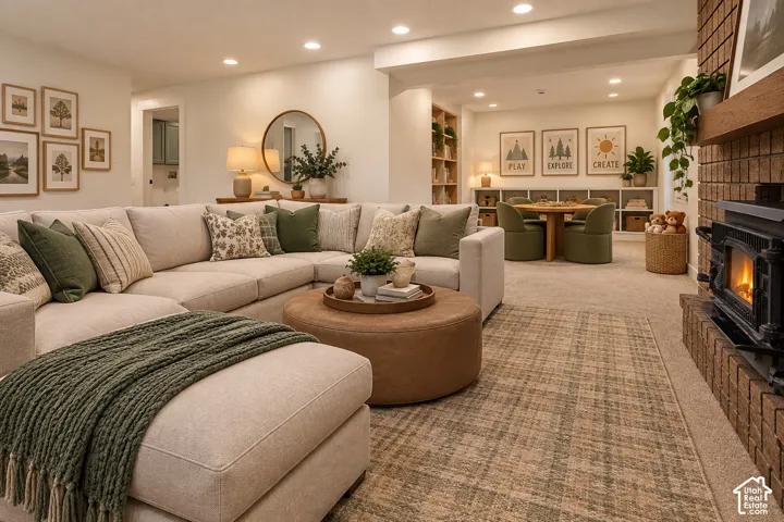 Brick fireplace with a wood-burning stove insert, recessed lighting, and built-in shelving
