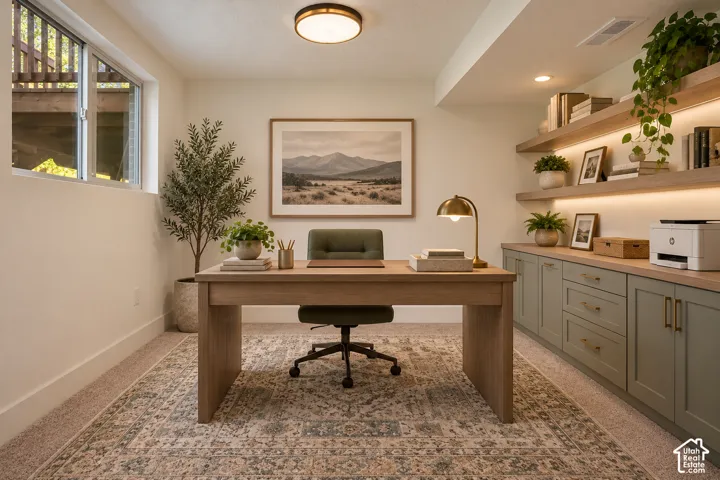 Built-in shelving with integrated lighting, wood-finish countertops, and cabinetry with brass hardware