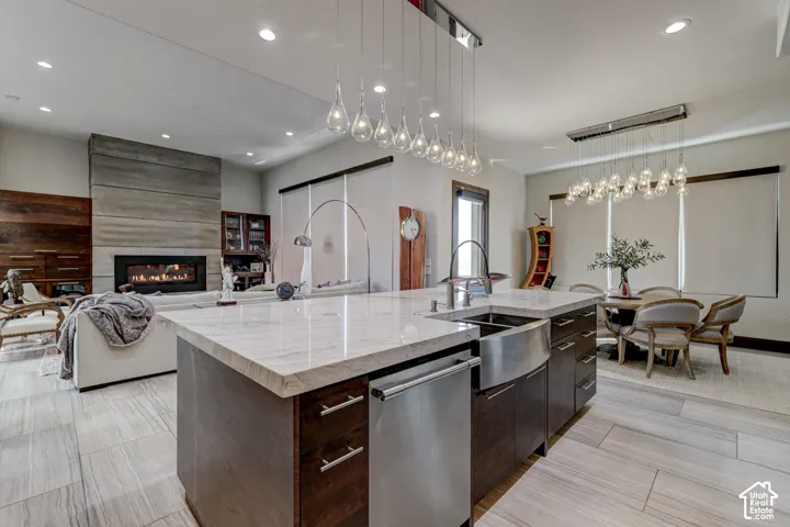 Kitchen island with stone countertop, integrated farmhouse-style sink, and stainless steel dishwasher