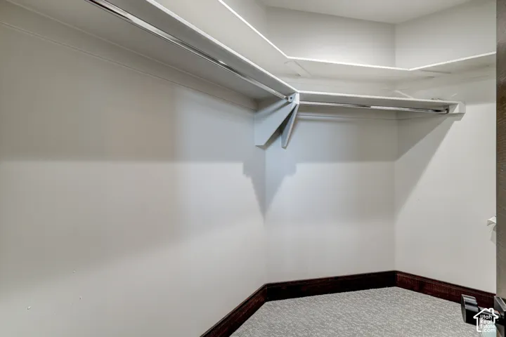Wall-to-wall carpeting with a subtle pattern, rich wood-finish trim, and white walls
