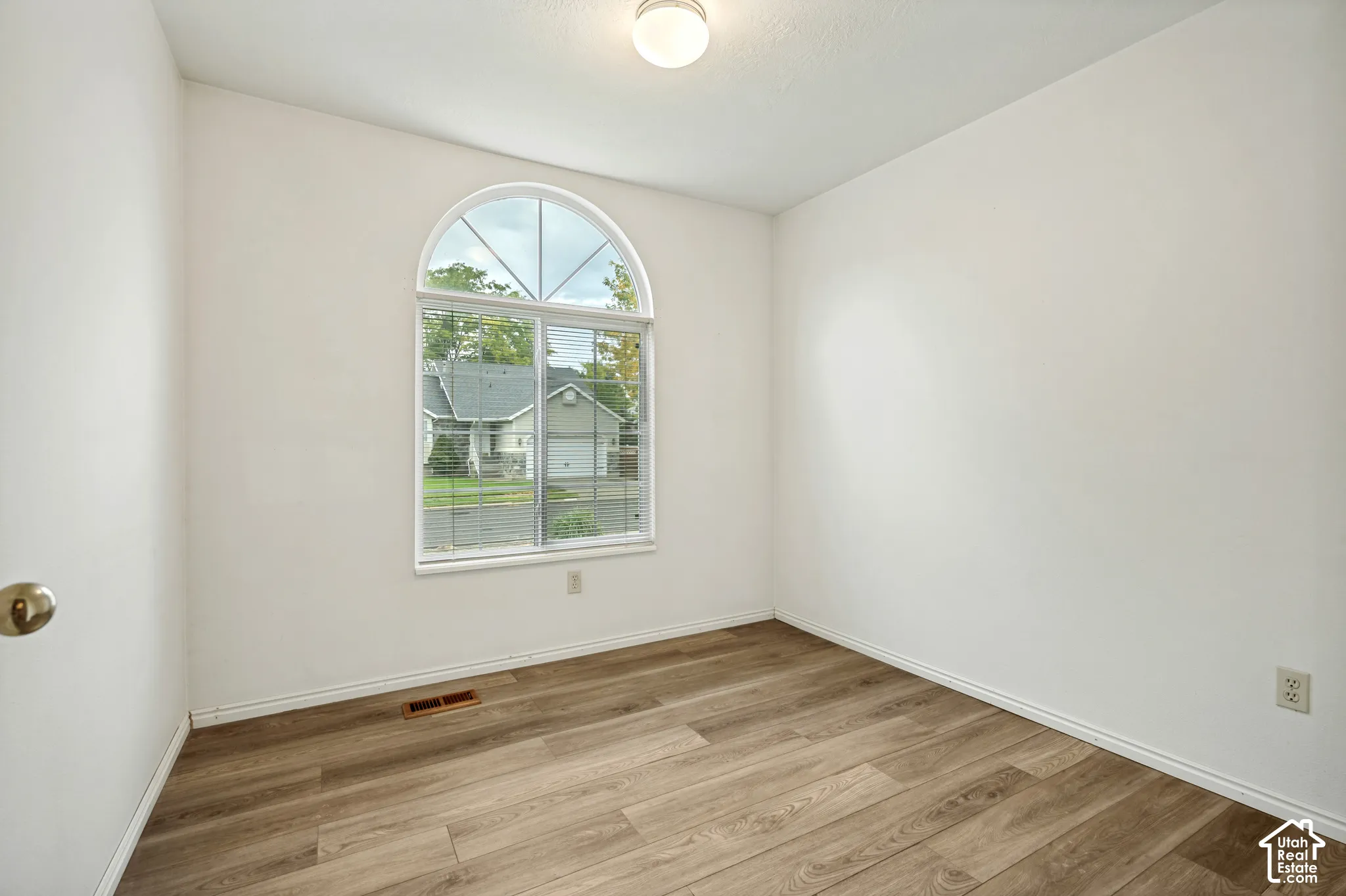 Arch-top window with grid pattern, wood-finish flooring, white walls, and a ceiling-mounted light fixture