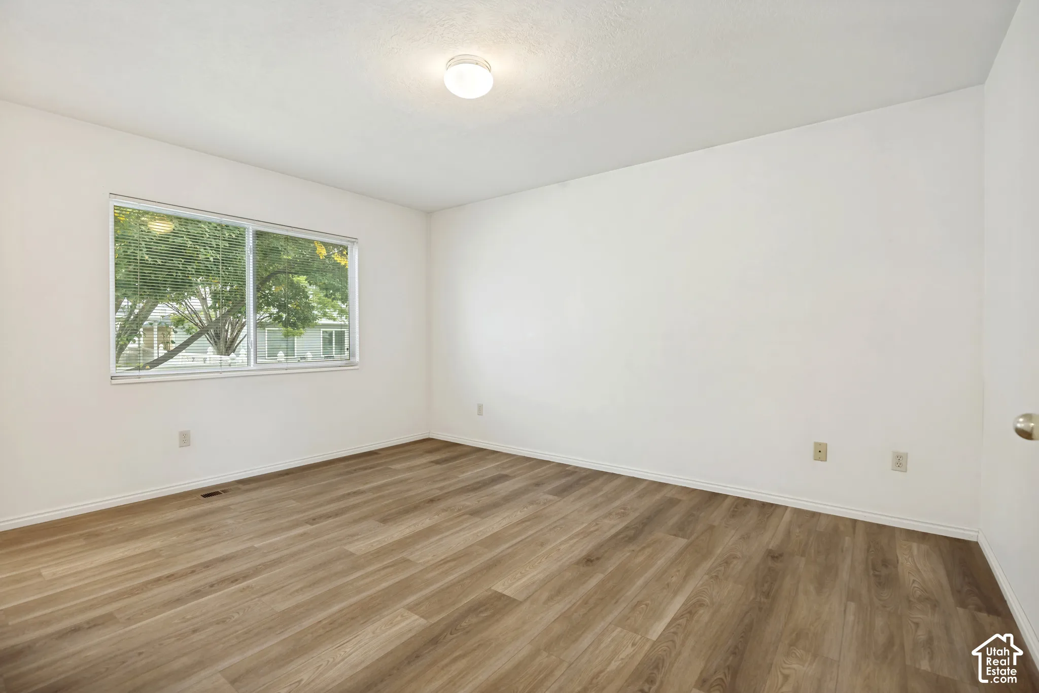 Expansive room featuring wood-finish flooring, a large window, a flush-mount ceiling light, and white walls