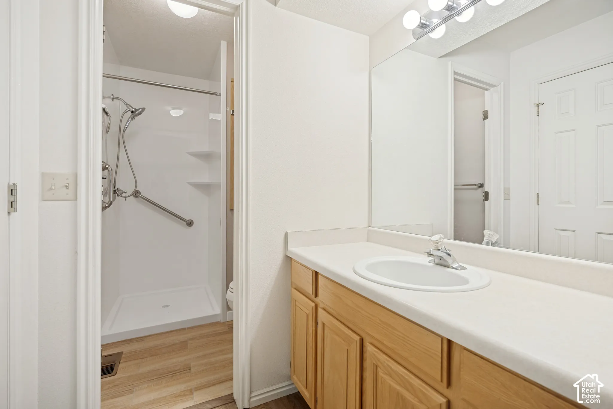 Vanity with wood-finish cabinetry and an integrated sink, large mirror, and overhead strip lighting