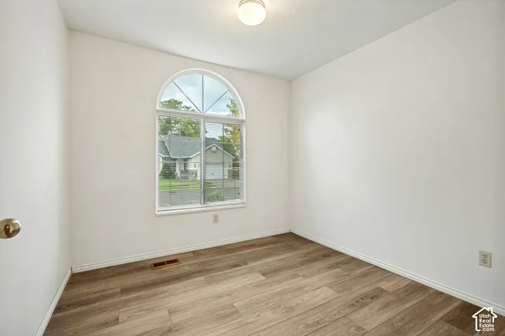 Arch-top window with grid pattern, wood-finish flooring, white walls, and a ceiling-mounted light fixture