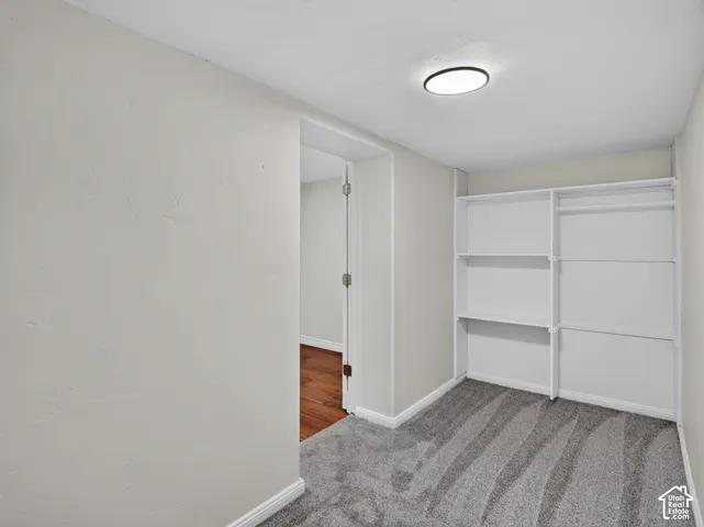 Built-in closet shelving and hanging rods, ceiling-mounted light fixture, and textured walls