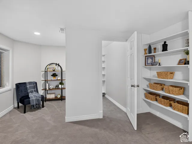 Carpeted interior with built-in shelving, recessed lighting, and a window with blinds