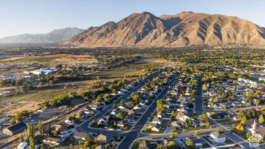 Expansive residential neighborhood with mature trees, established streets, and mountain backdrop