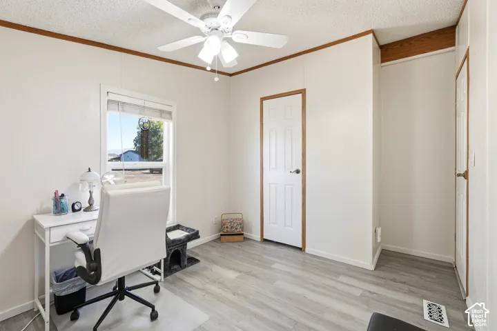 Light-toned wood-finish flooring, white paneled interior doors, and a ceiling fan with integrated lighting