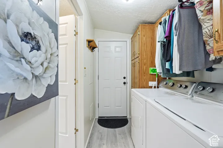 Laundry area featuring wood-finish cabinetry, light-toned wood-finish flooring, and a white paneled door