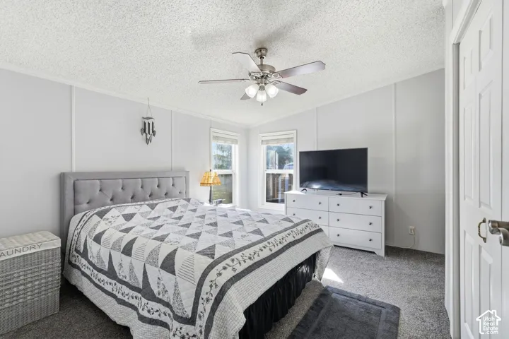Light gray walls with vertical paneling, textured ceiling, two windows, and a ceiling fan with integrated lighting