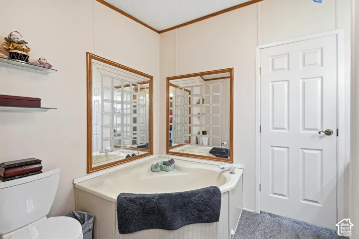Corner soaking tub with integrated deck, multiple decorative wall mirrors, and white paneled door