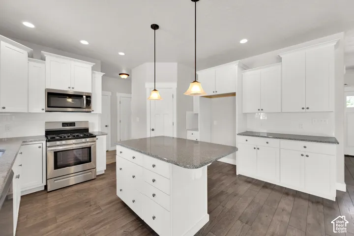 Kitchen featuring wood-finish flooring, white cabinetry, a central island with a stone countertop, recessed lighting, and stainless steel appliances